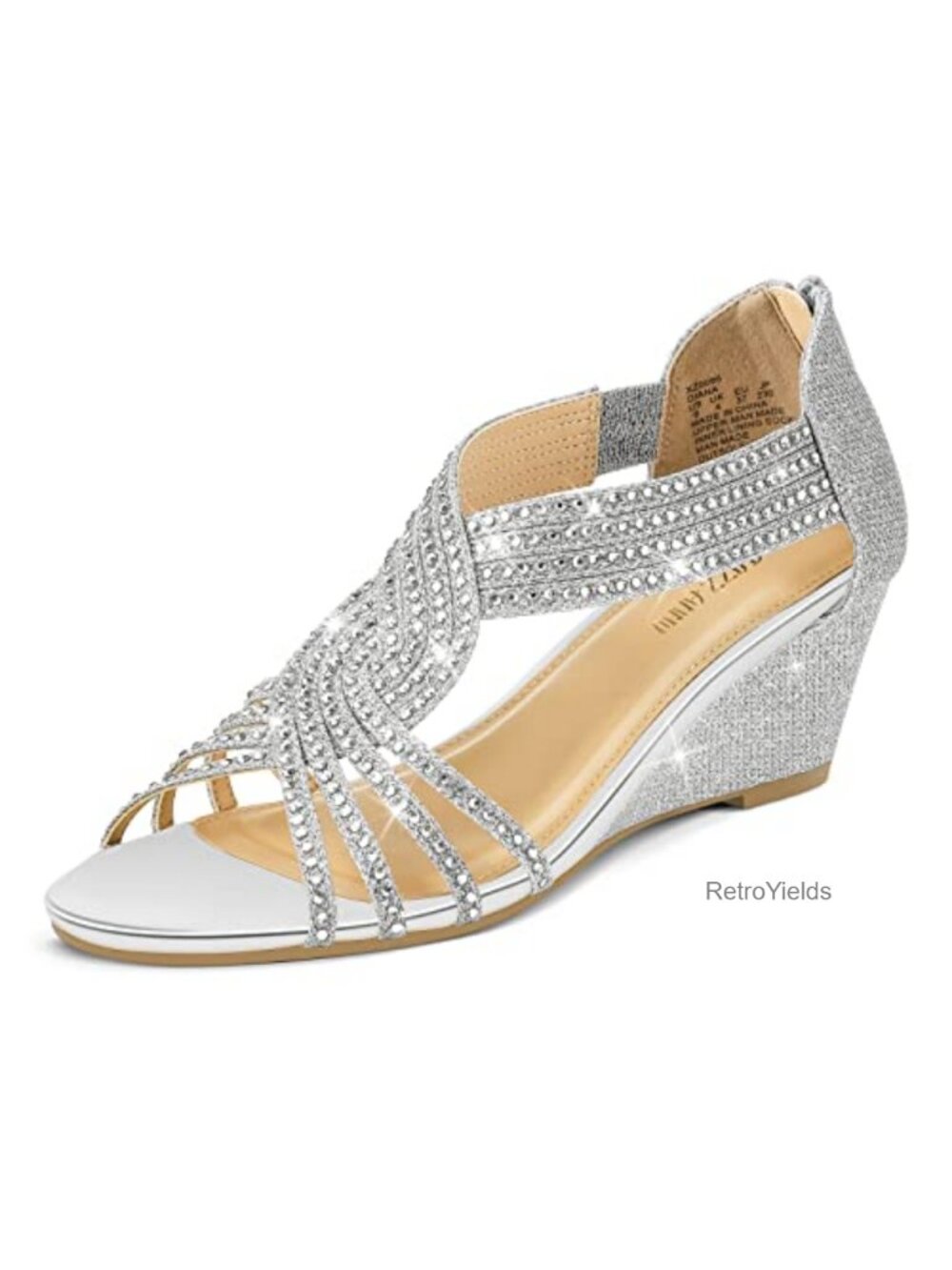 Diana Low Wedge Sandals Sparkly Rhinestone Open Toe Dress Shoes